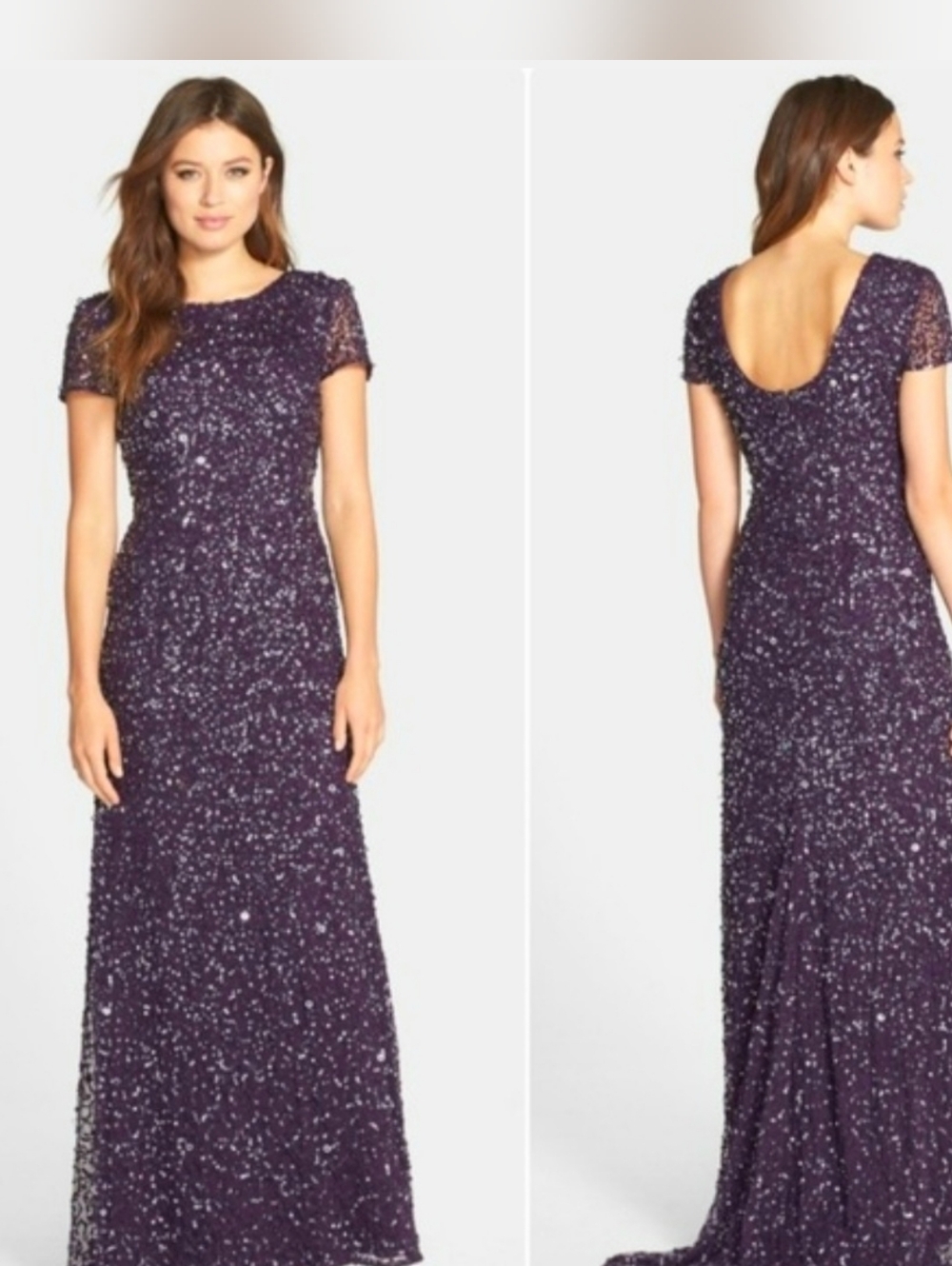 Adrianna Papell Deep Purple Sequin Formal Gown With Train Wedding Guest 10 NWOT‎ - Picture 13 of 14